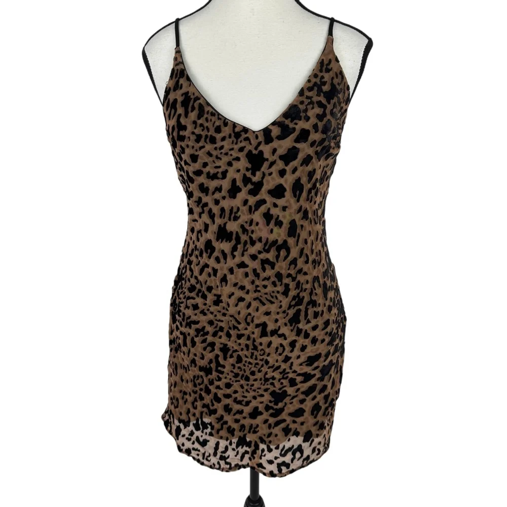 Leopard Print Mini Slip Dress M Brown Spaghetti Bodycon Club Party Coquette NWT - Picture 2 of 10